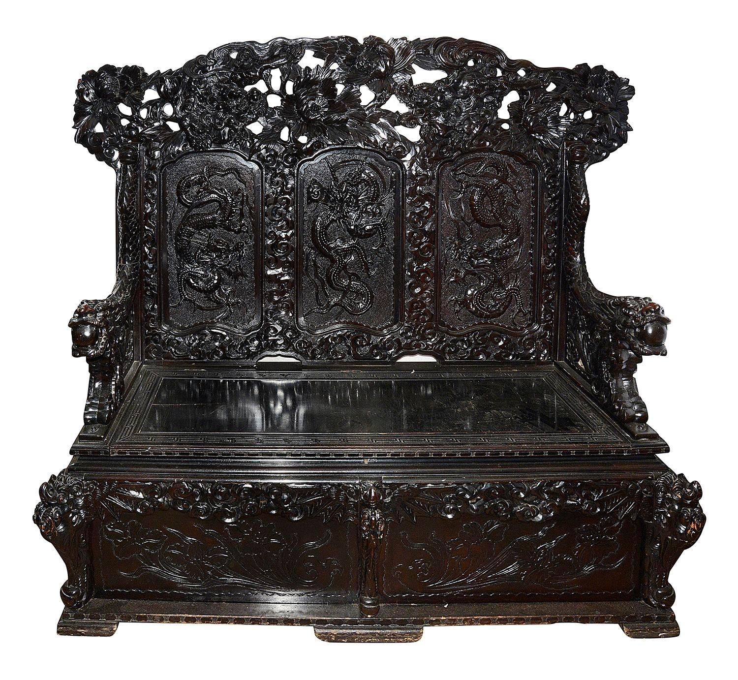 Chinoiserie 19th Century Oriental carved hall bench For Sale