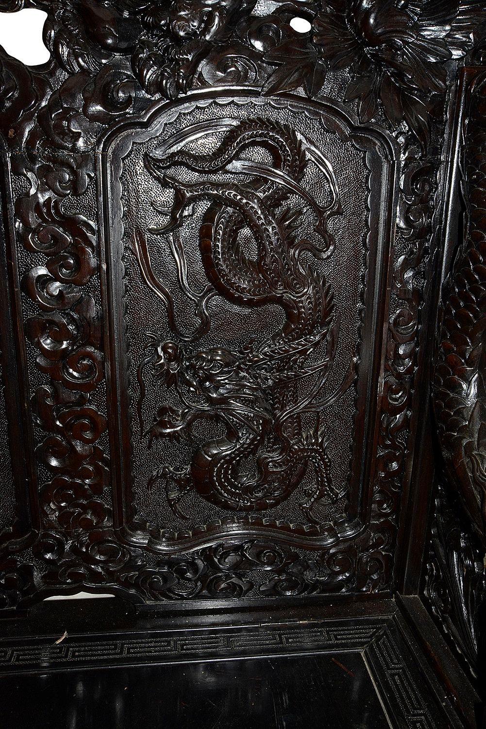 Hand-Carved 19th Century Oriental carved hall bench For Sale