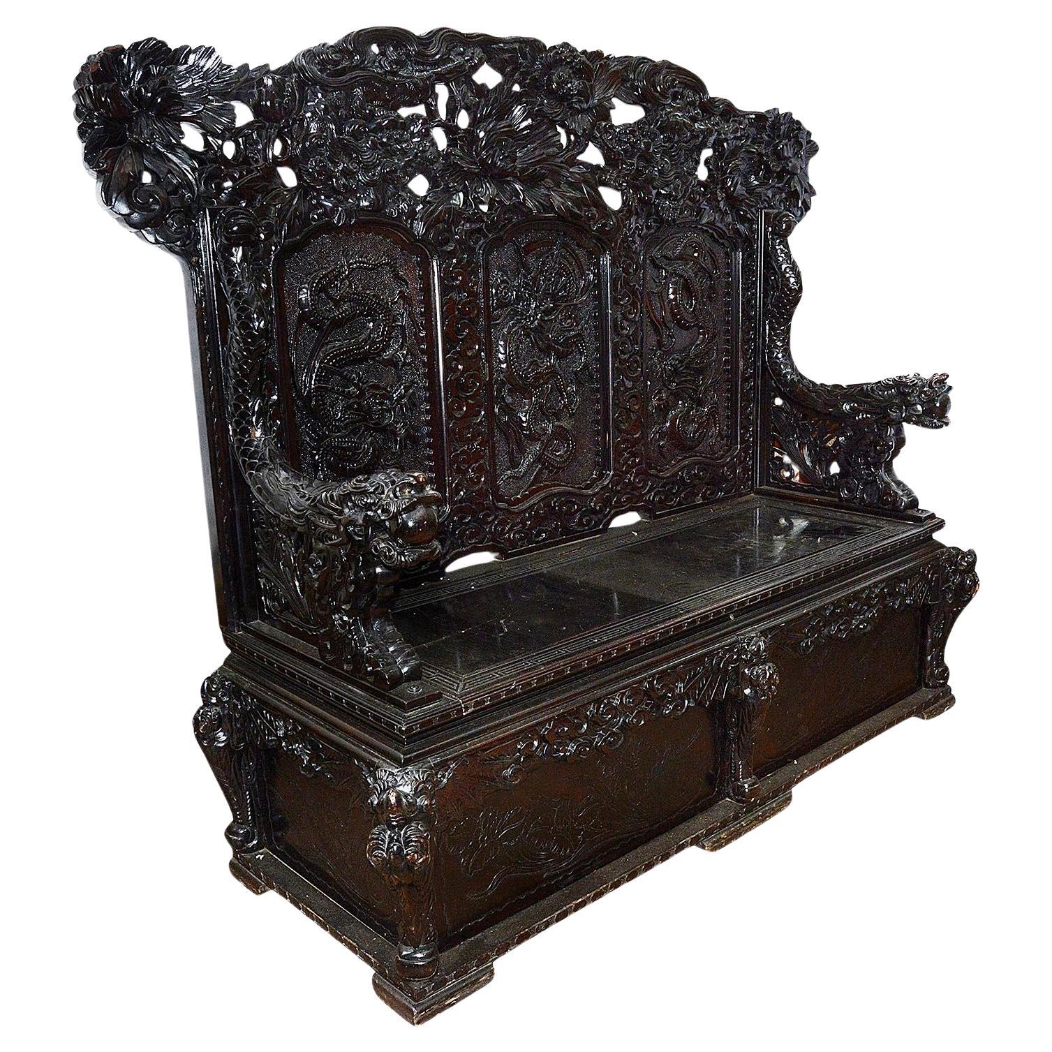 19th Century Oriental carved hall bench For Sale