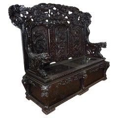 Antique 19th Century Oriental carved hall bench