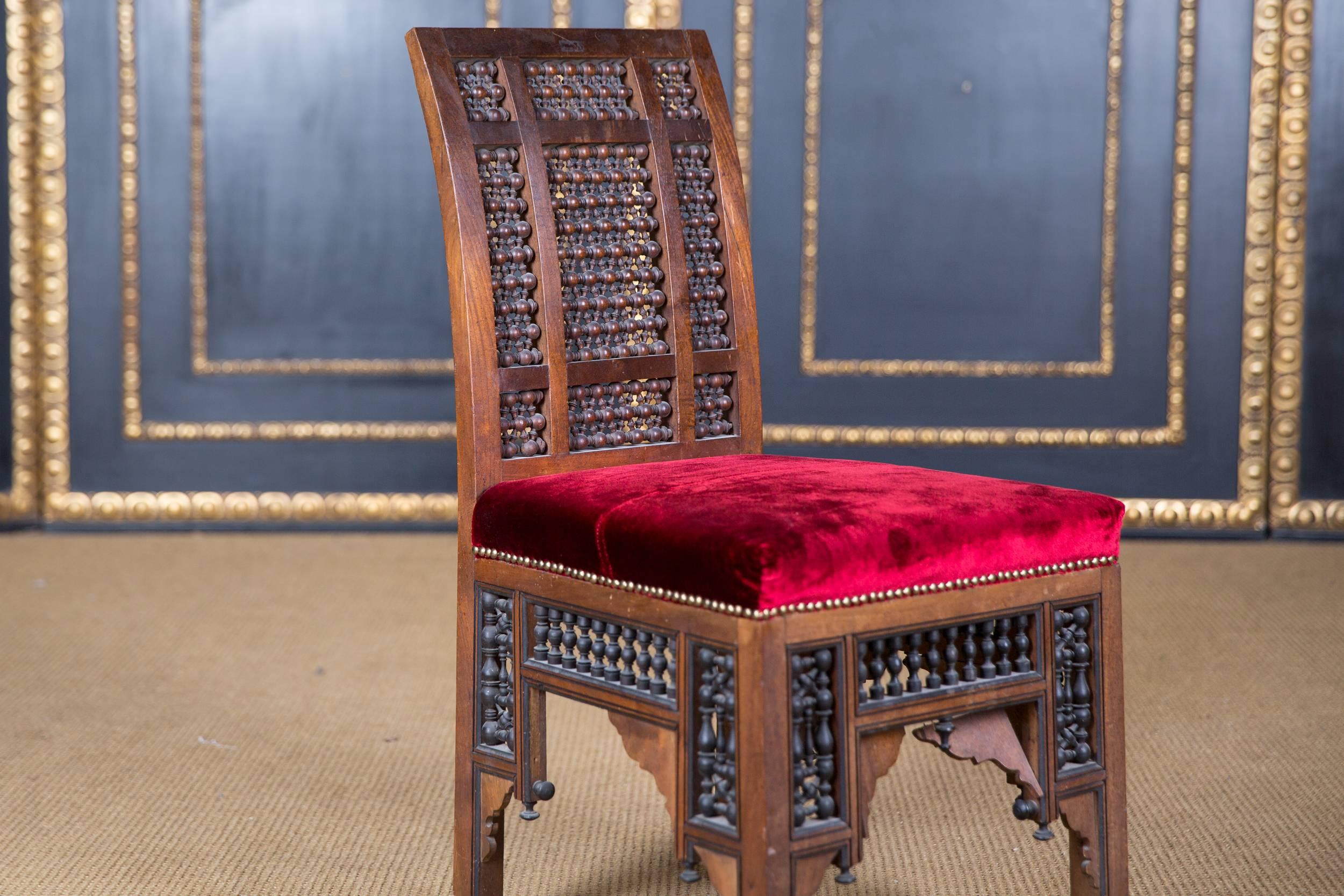 Maghreb 19th Century antique Oriental Chair with Inlaid Marakesh, 1900 beech carved For Sale