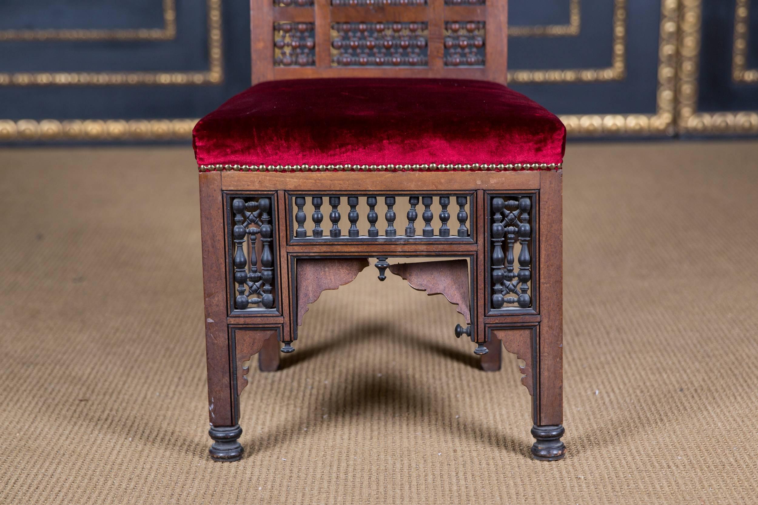 19th Century antique Oriental Chair with Inlaid Marakesh, 1900 beech carved In Good Condition For Sale In Berlin, DE