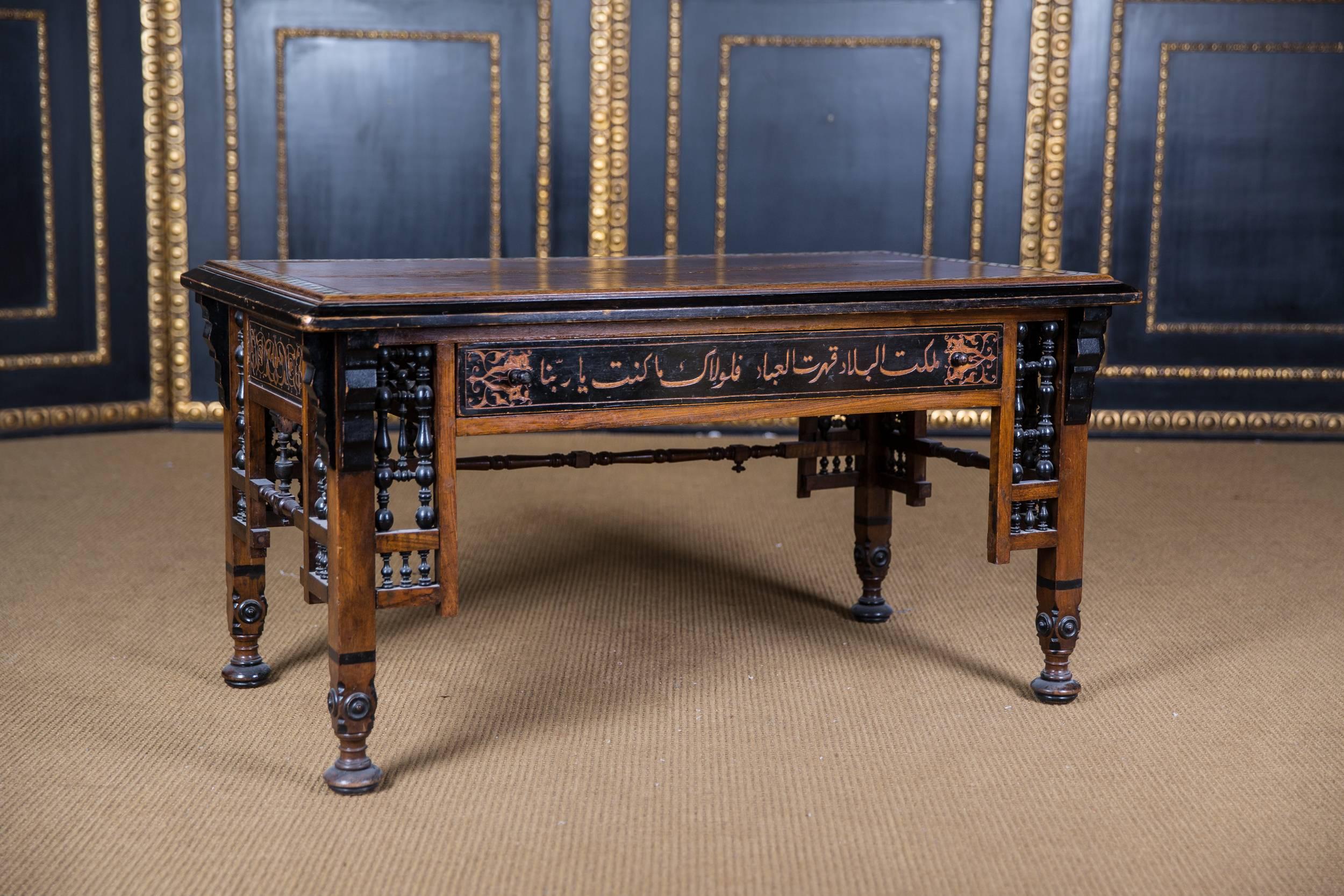 Solid wood with various inlays. Beautifully turned.

This type of furniture was very popular in Europe in the 19th century.