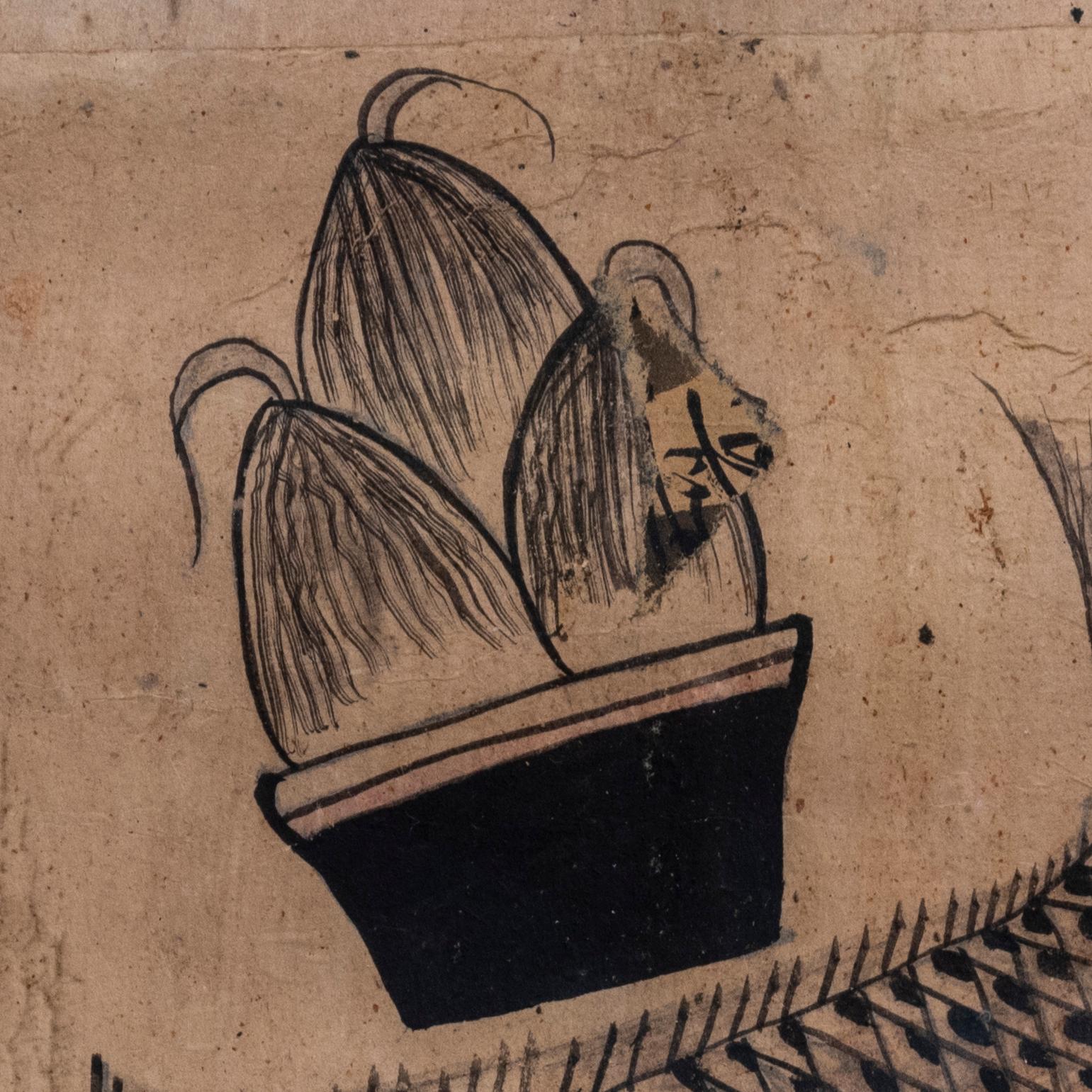Dibujo oriental de tinta sobre papel del siglo XIX Madera en venta