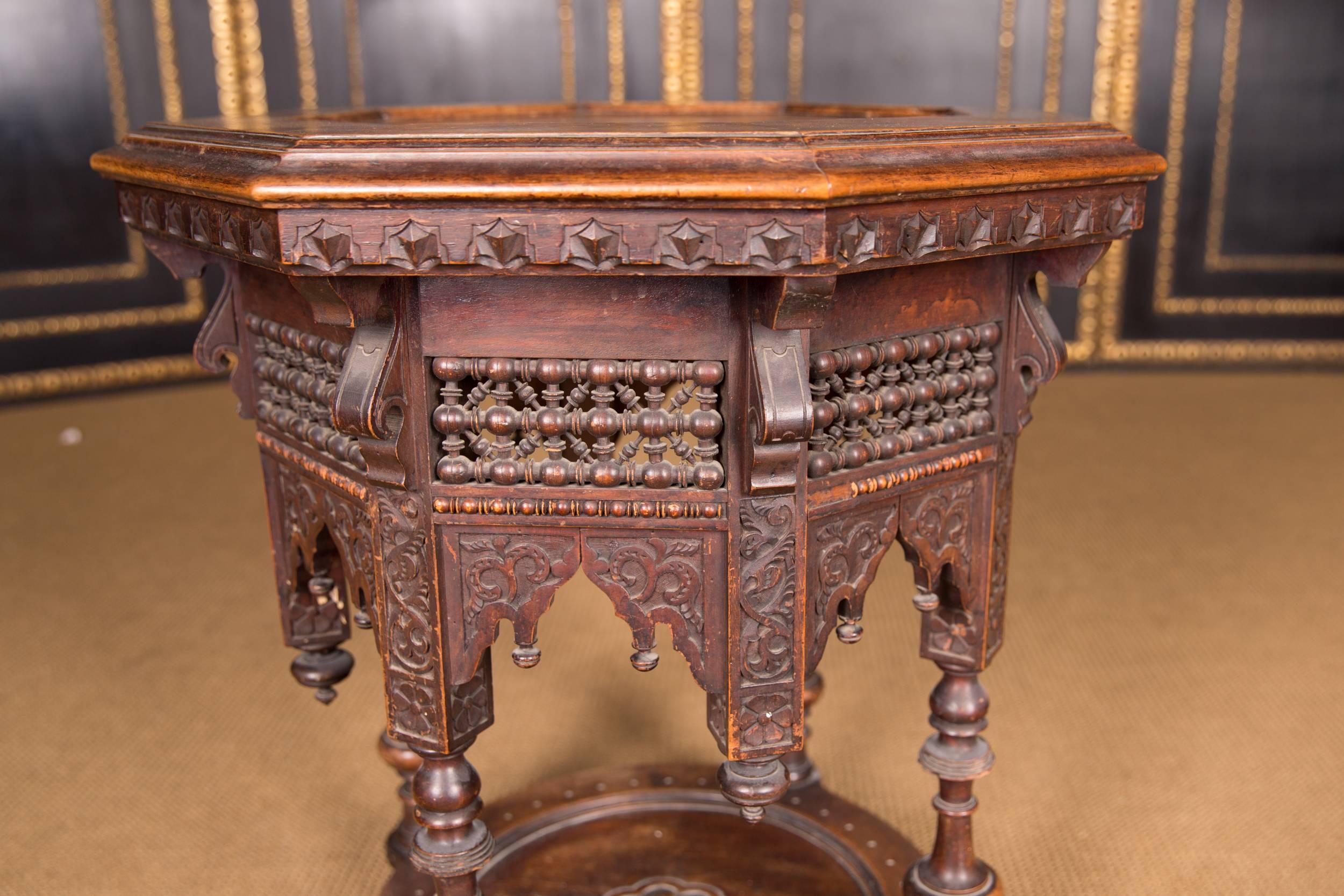 Hand-Carved 19th Century antique Oriental Octogonal Table with Inlaid circa 1900 beech