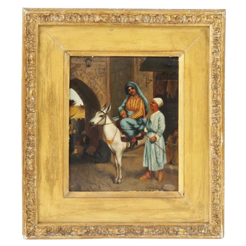 Peinture à l'huile orientaliste arabe du 19ème siècle, signée T. Merlin