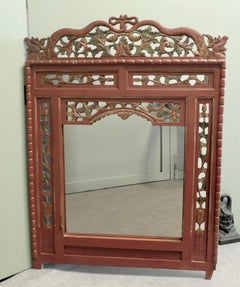 19th Century Oriental Painted Red Lacquer Mirror