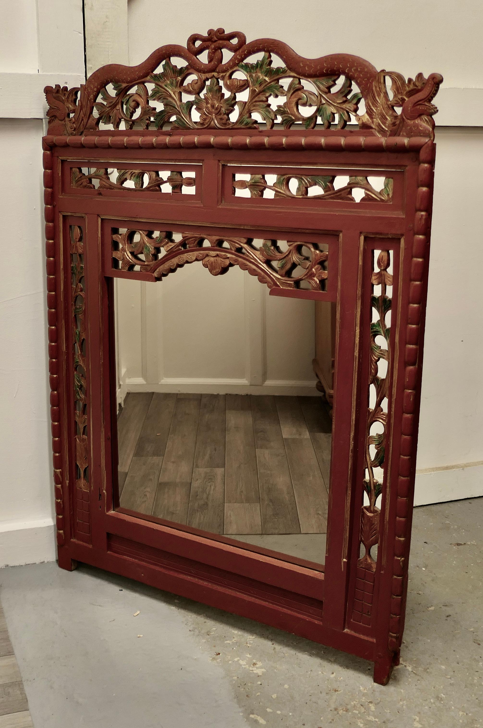 Chinoiserie 19th Century Oriental Painted Red Lacquer Mirror For Sale