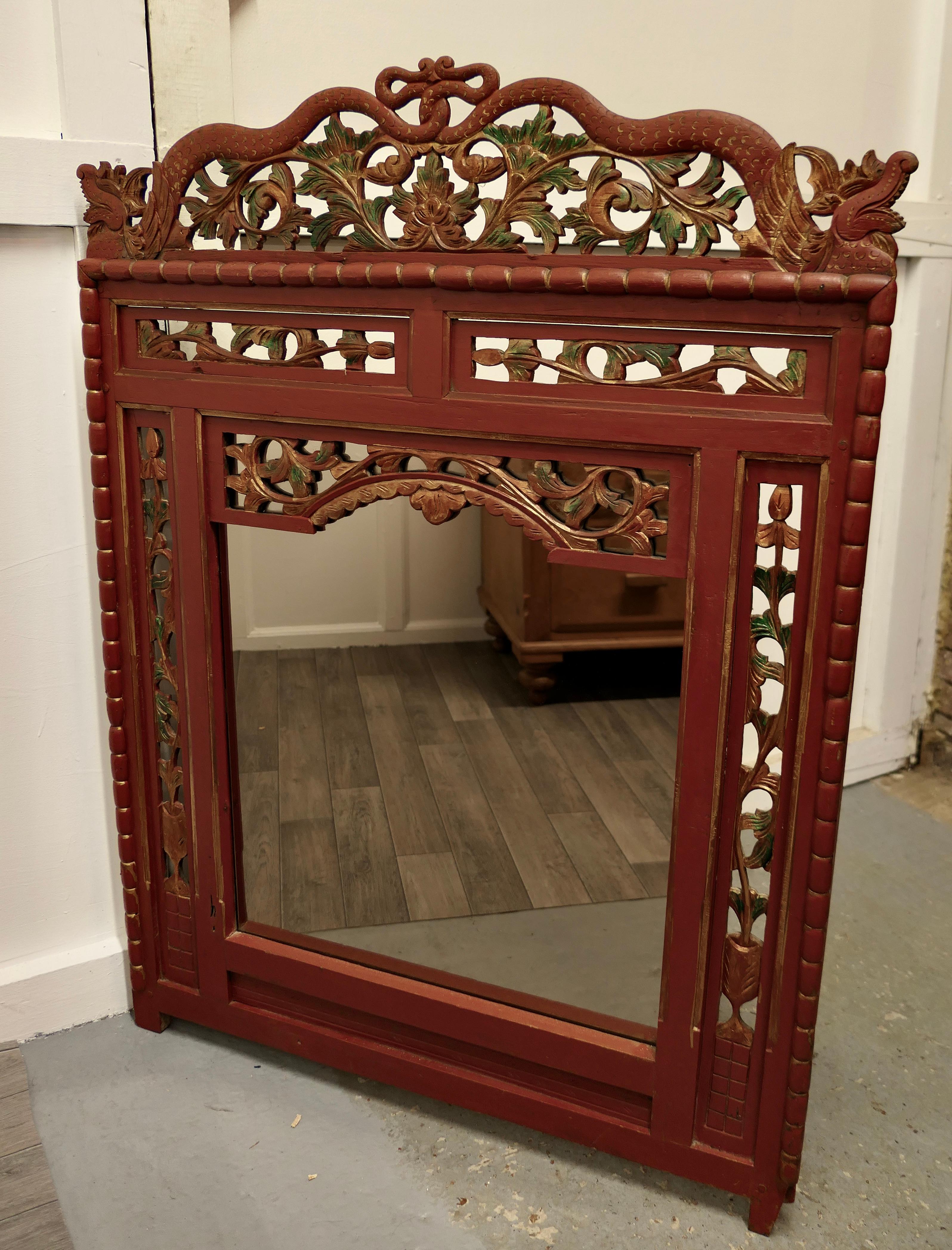 19th Century Oriental Painted Red Lacquer Mirror For Sale 1