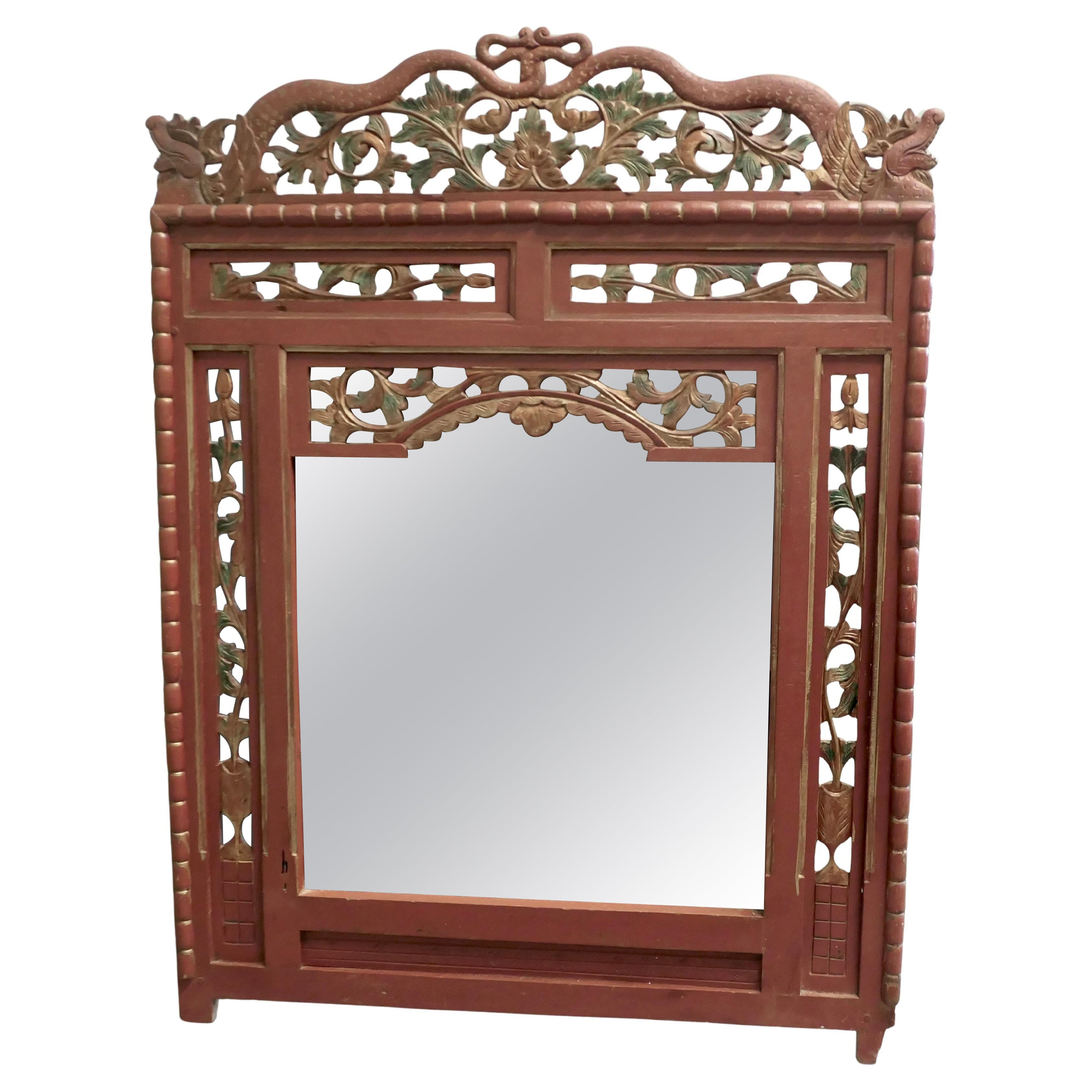 19th Century Oriental Painted Red Lacquer Mirror