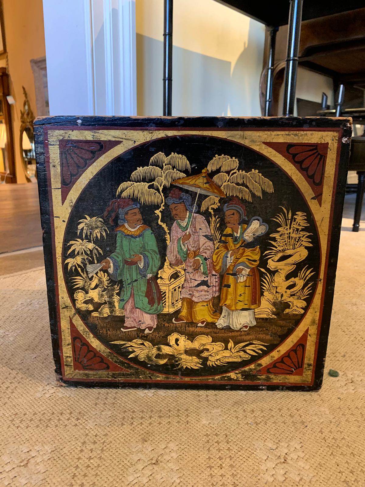 19th century oriental painted square tea box.