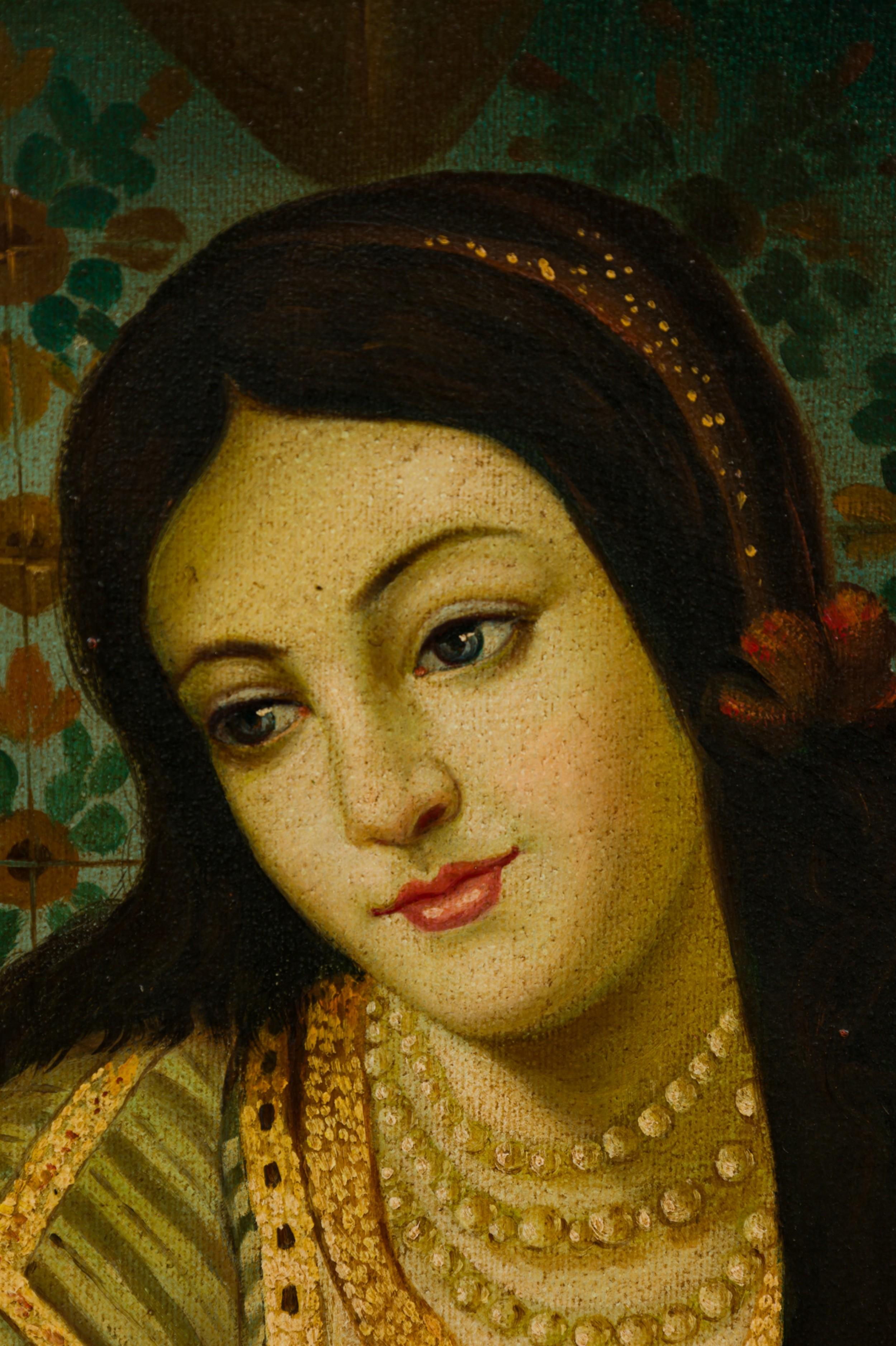 French Orientalist (19th century) genre painting featuring a woman lounging on a red upholstered chair next to a side table holding a hookah, painted on canvas mounted in a carved dark wooden frame.