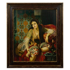 19th Century Orientalist Genre Painting of a Woman Lounging next to a Hookah