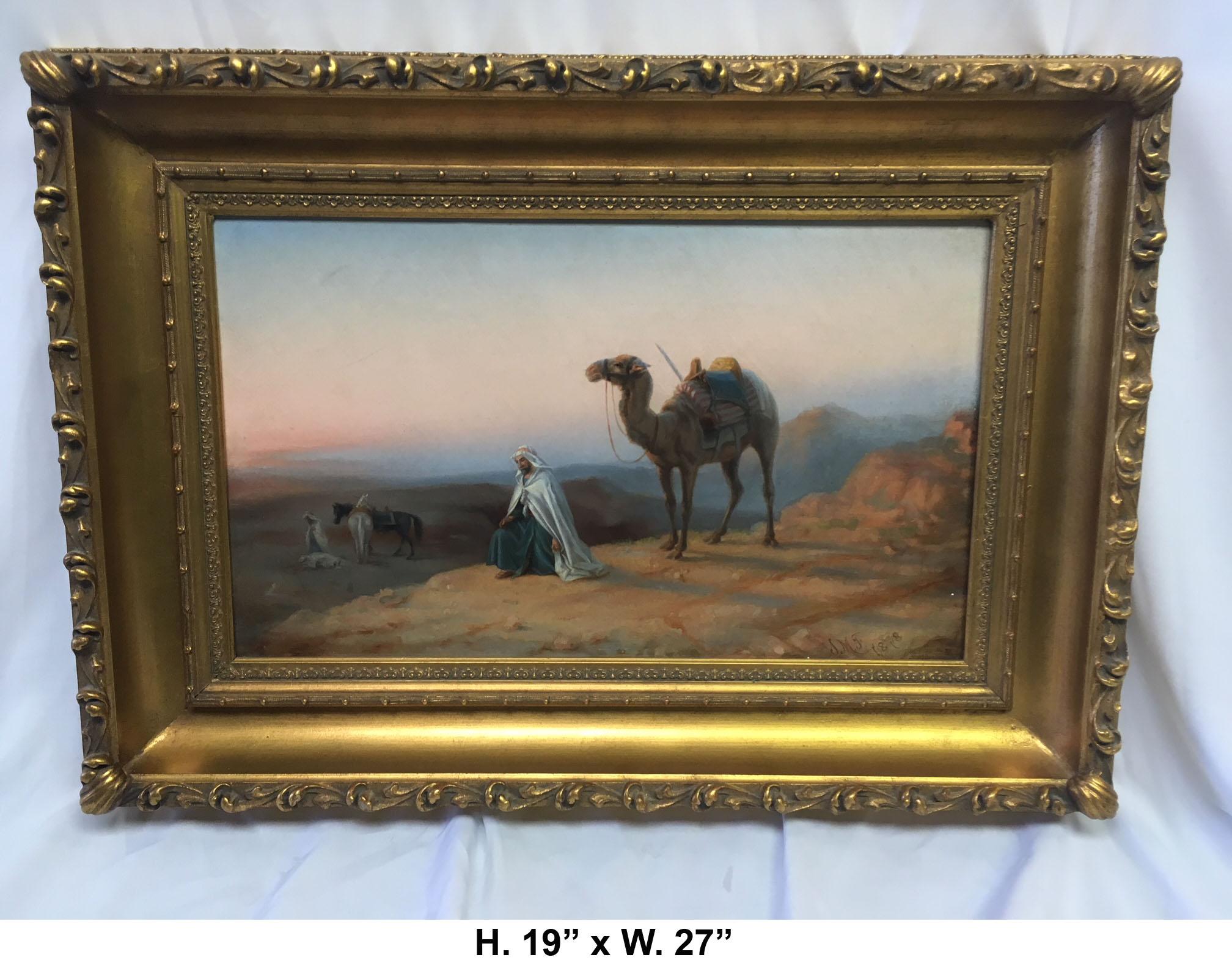 Beautiful and fine 19th century orientalist painting of an Arab with his camel traveling in the desert looking into the pink glow of the sun.
Signed 