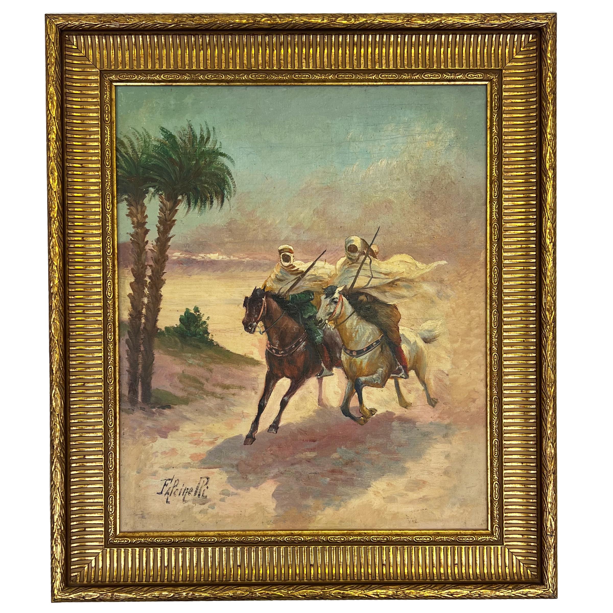 This stunning oil painting on canvas captures the spirit of adventure as two Arab riders are depicted on top of a running horse in the desert. The riders are dressed in traditional attire and are carrying their rifles, adding a sense of authenticity