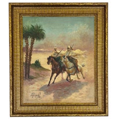 19th Century Orientalist Oil On Canvas Painting Of Running Horse and Arab Riders