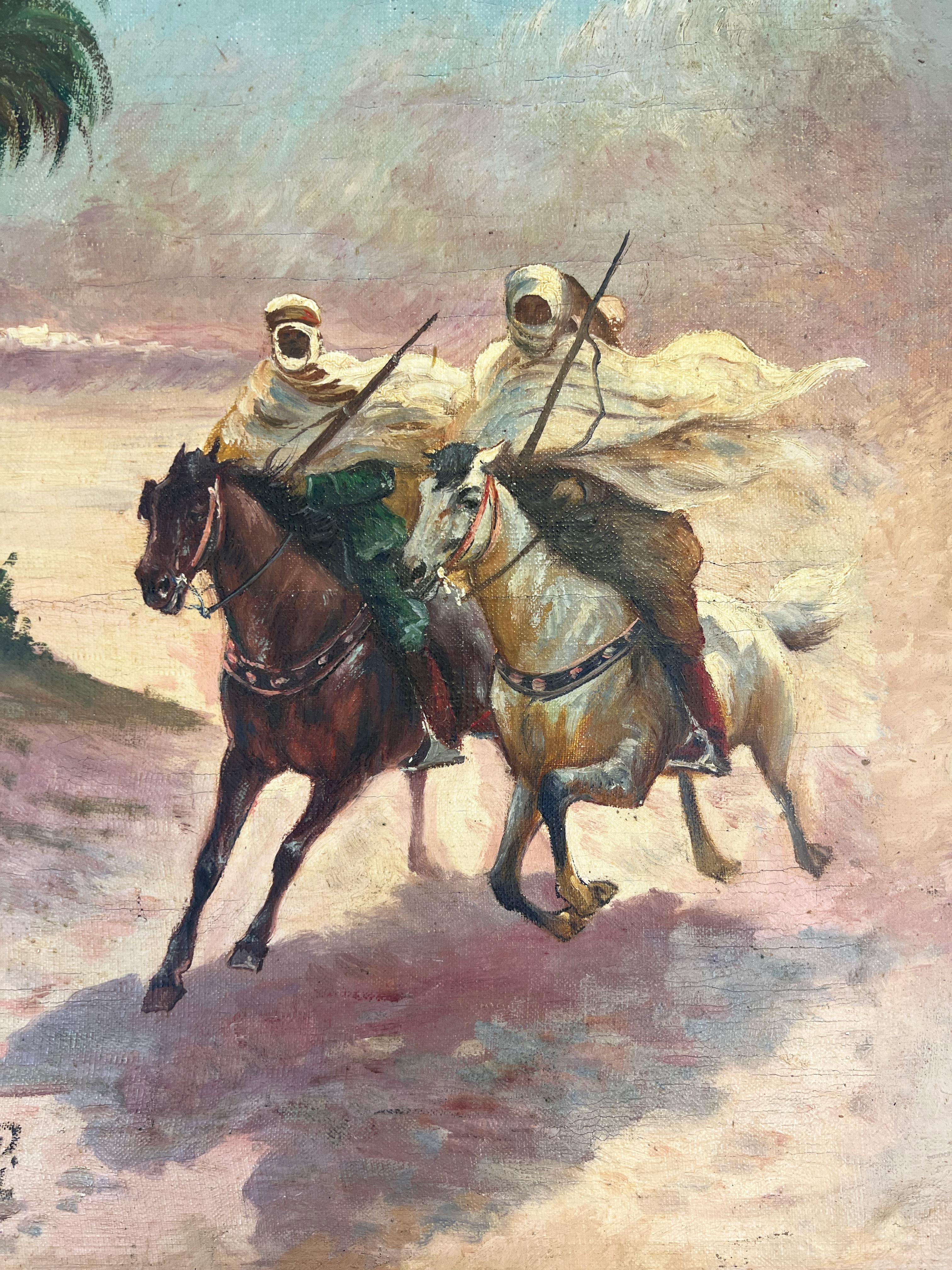European 19th Century Orientalist Oil On Canvas Painting Of Running Horse and Arab Riders