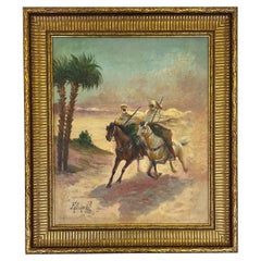 19th Century Orientalist Oil On Canvas Painting Of Running Horse and Arab Riders