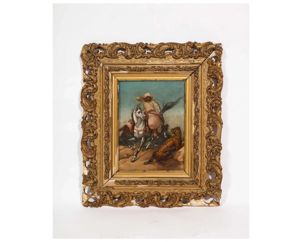 19th Century Orientalist oil on tin painting tiger hunt.
Ready to hang in period frame with some loss to the carving of the frame please see photos

Tiger Hunt, 1847 
oil on tin 
Measures: 22.1 x 16.2 cm (8 3/4 x 6 3/8 in.) 
Signed and dated