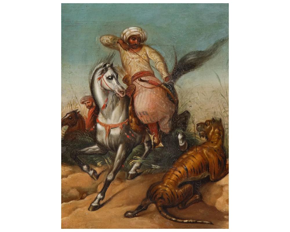 Unknown 19th Century Orientalist Oil on Tin Painting Tiger Hunt Signed