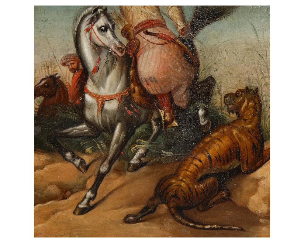 19th Century Orientalist Oil on Tin Painting Tiger Hunt Signed 2