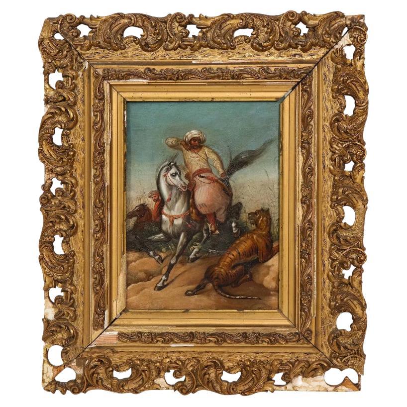 19th Century Orientalist Oil on Tin Painting Tiger Hunt Signed