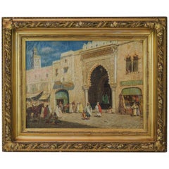 Antique 19th Century French Orientalist Painting of a Market by Addison Millar