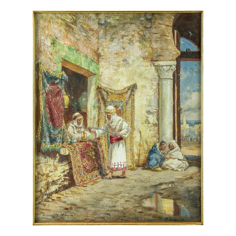 19th century orientalist painting of a sword merchant by Addison Millar
Maker: Addison Thomas Millar (1850-1913)
Origin: American
Date: 19th century
Medium: Oil on board 
Dimension: 10 in x 8 in.