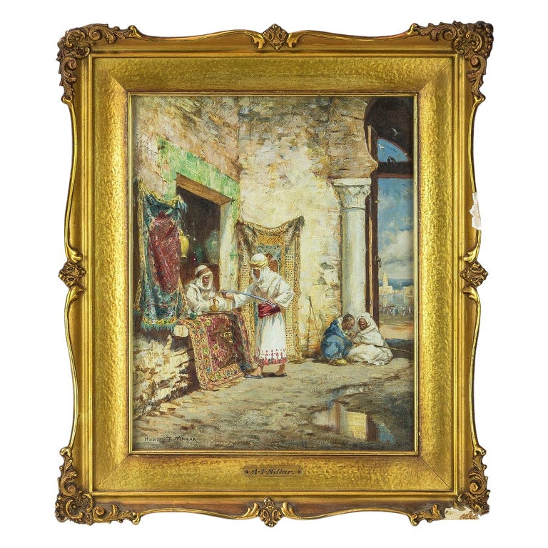 Original French Orientalist Painting of a Sword Merchant by Addison Millar For Sale