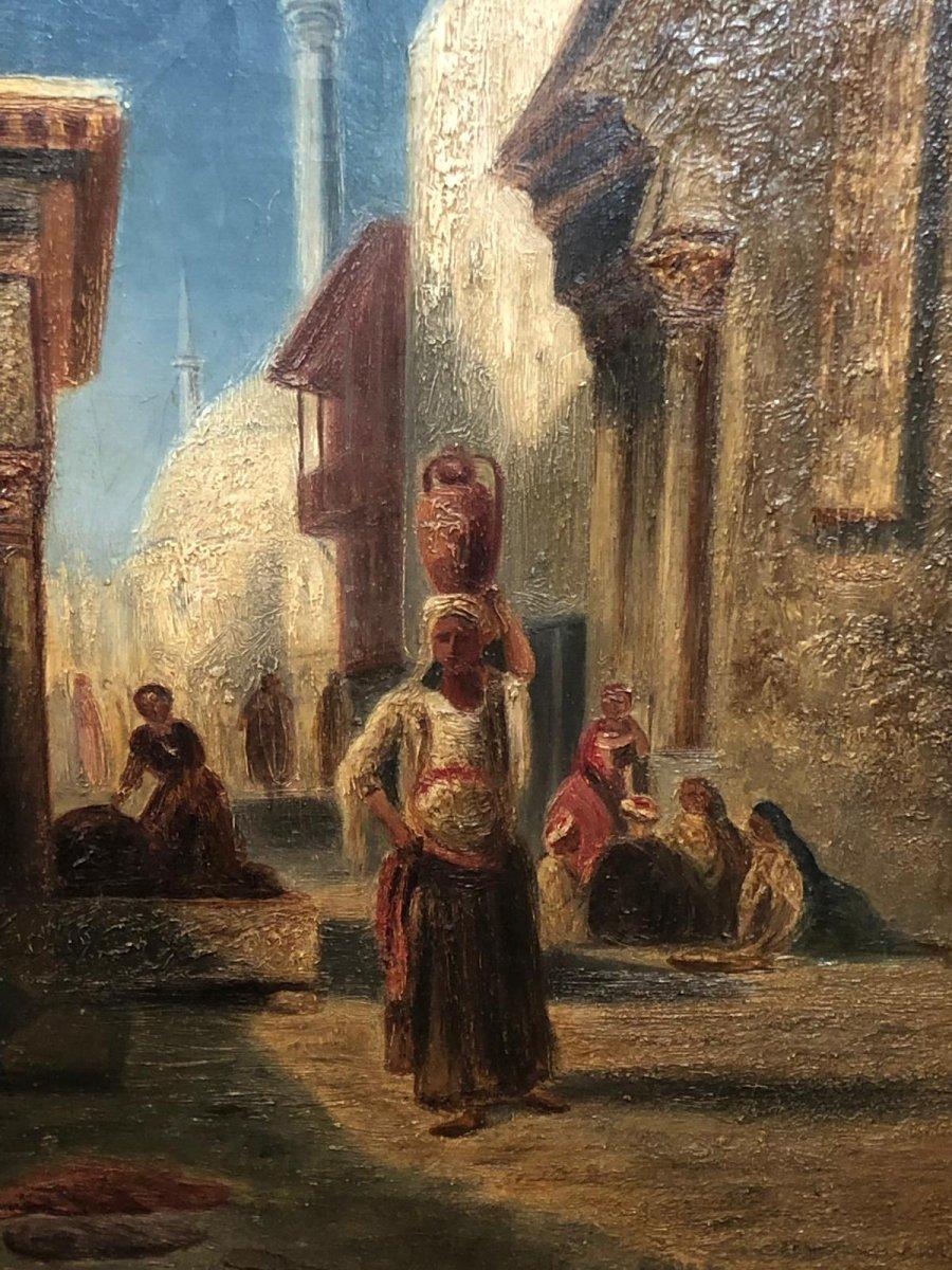 Old painting of the mid-19th century by the English master Fredrick Goodall (London 1822- London 1904) probably representing a view of the historic center of an Egyptian city.
Original frame carved and gilded.

The orientalist prayer is a