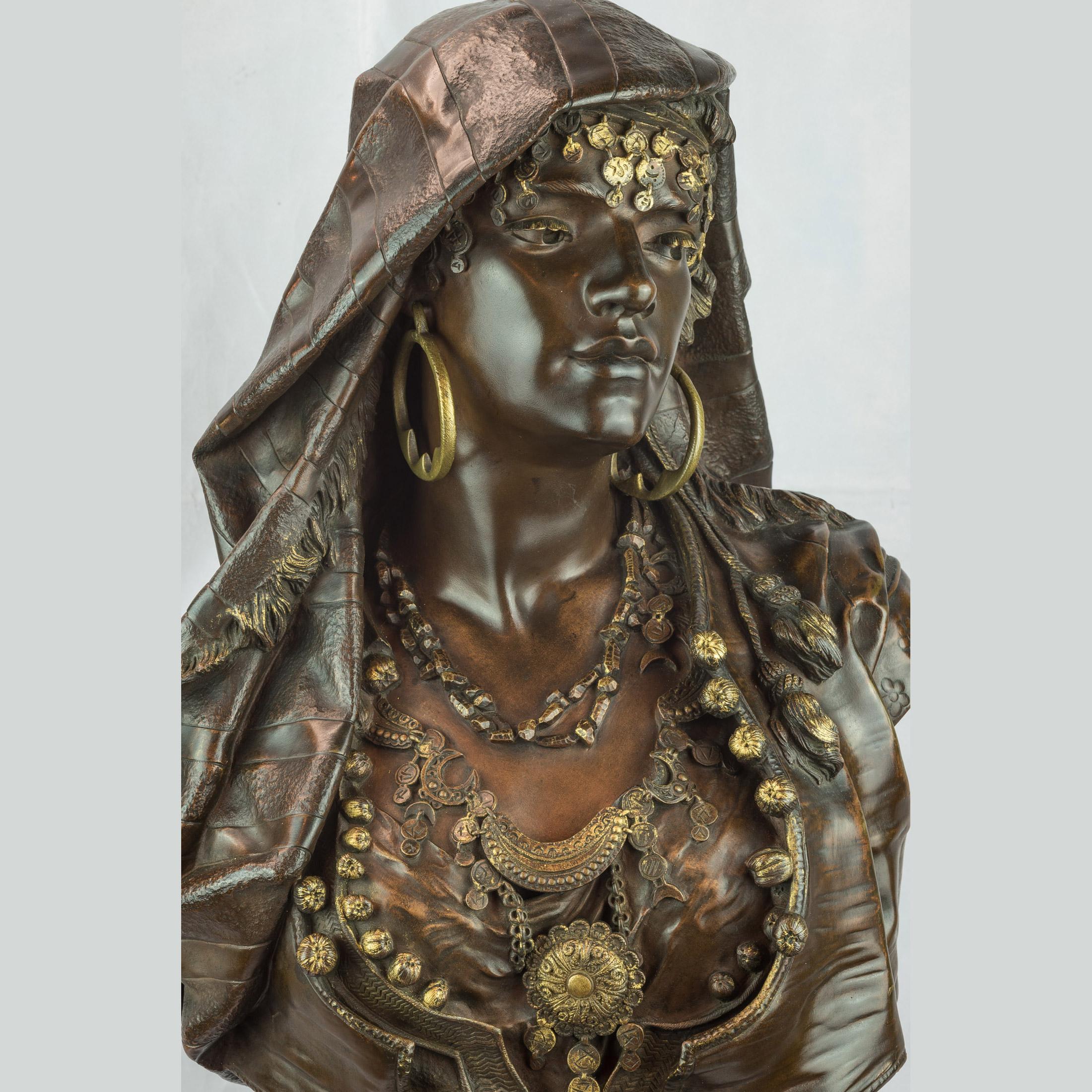 19th Century Orientalist Patinated and Gilt Bronze Bust by Henri-Honoré Plé In Good Condition For Sale In New York, NY
