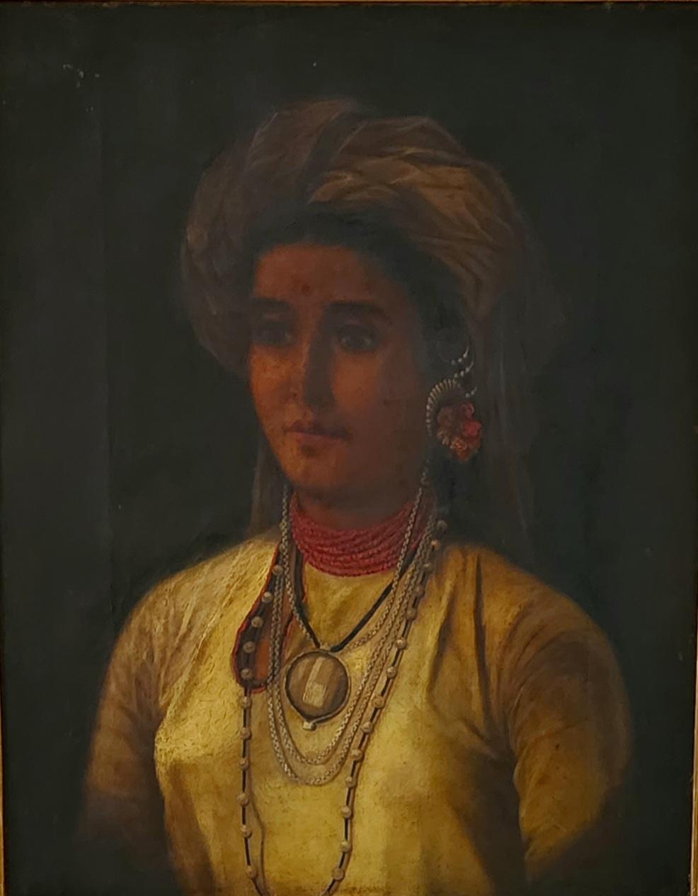 PORTRAIT OF AN INDIAN  NOBLE  WOMAN 19TH C , OIL ON CANVAS, RESTORED, FRAMED - Painting by 19th Century Orientalist School 
