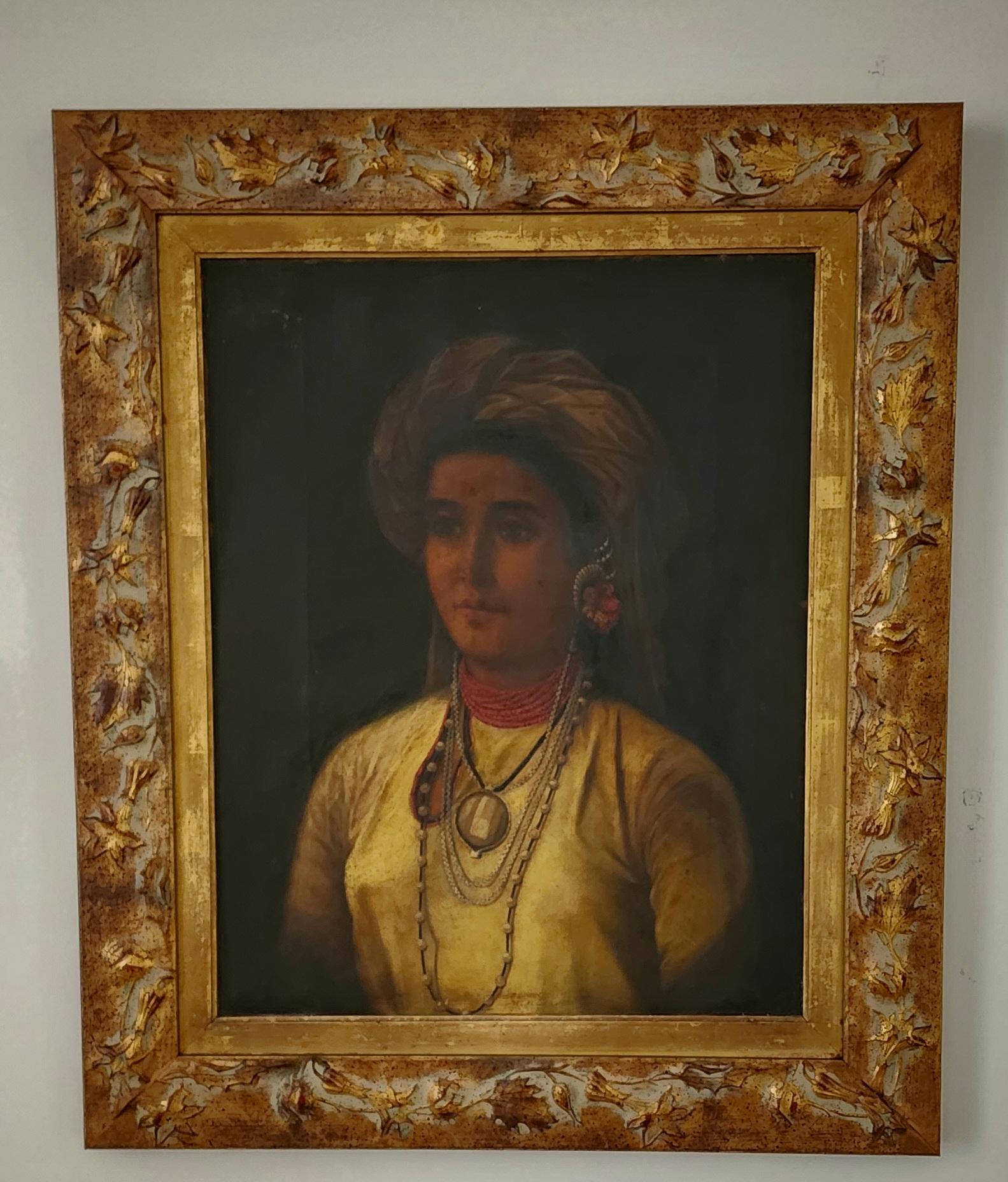 19th Century Orientalist School  Portrait Painting - PORTRAIT OF AN INDIAN  NOBLE  WOMAN 19TH C , OIL ON CANVAS, RESTORED, FRAMED