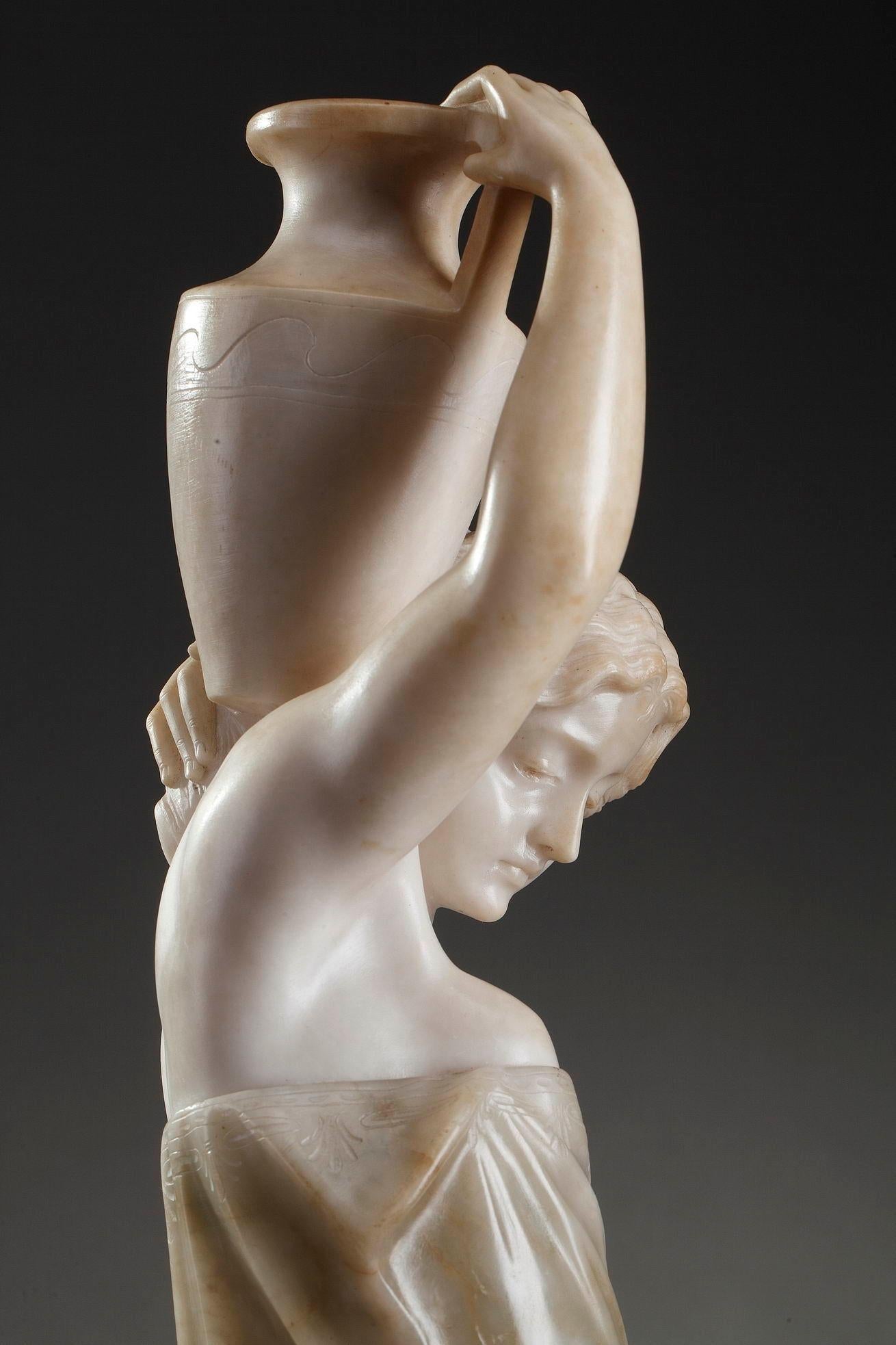 19th Century Orientalist Sculpture in Alabaster Woman Carrying a Jar 4