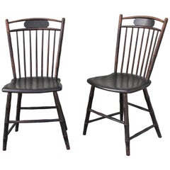 Antique 19th Century Original Black Painted Birdcage Windsor Chairs, Pair