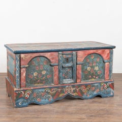 19th Century Original Blue and Red Painted Pine Large Flat Top Trunk