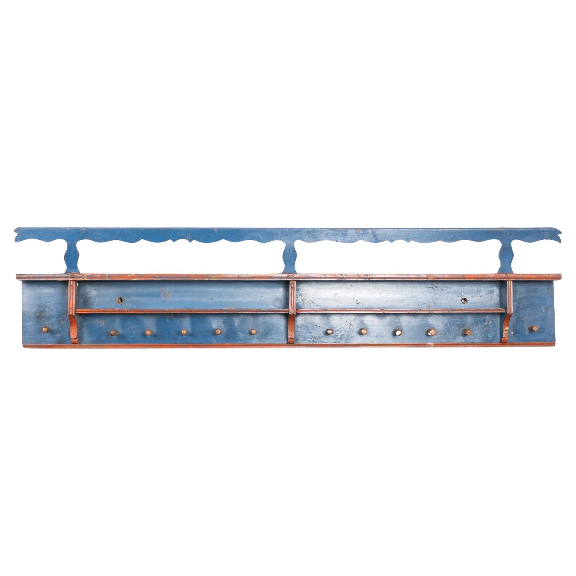 19th Century Original Blue Painted Hanging Rack with 12 Pegs, Hungary