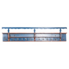 19th Century Original Blue Painted Hanging Rack with 12 Pegs, Hungary
