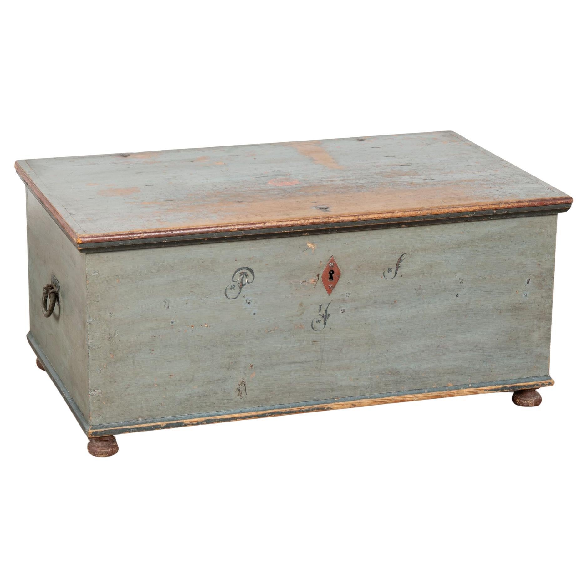 19th Century Original Blue Painted Pine Flat Top Trunk from Sweden