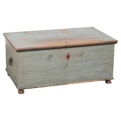 19th Century Original Blue Painted Pine Flat Top Trunk from Sweden