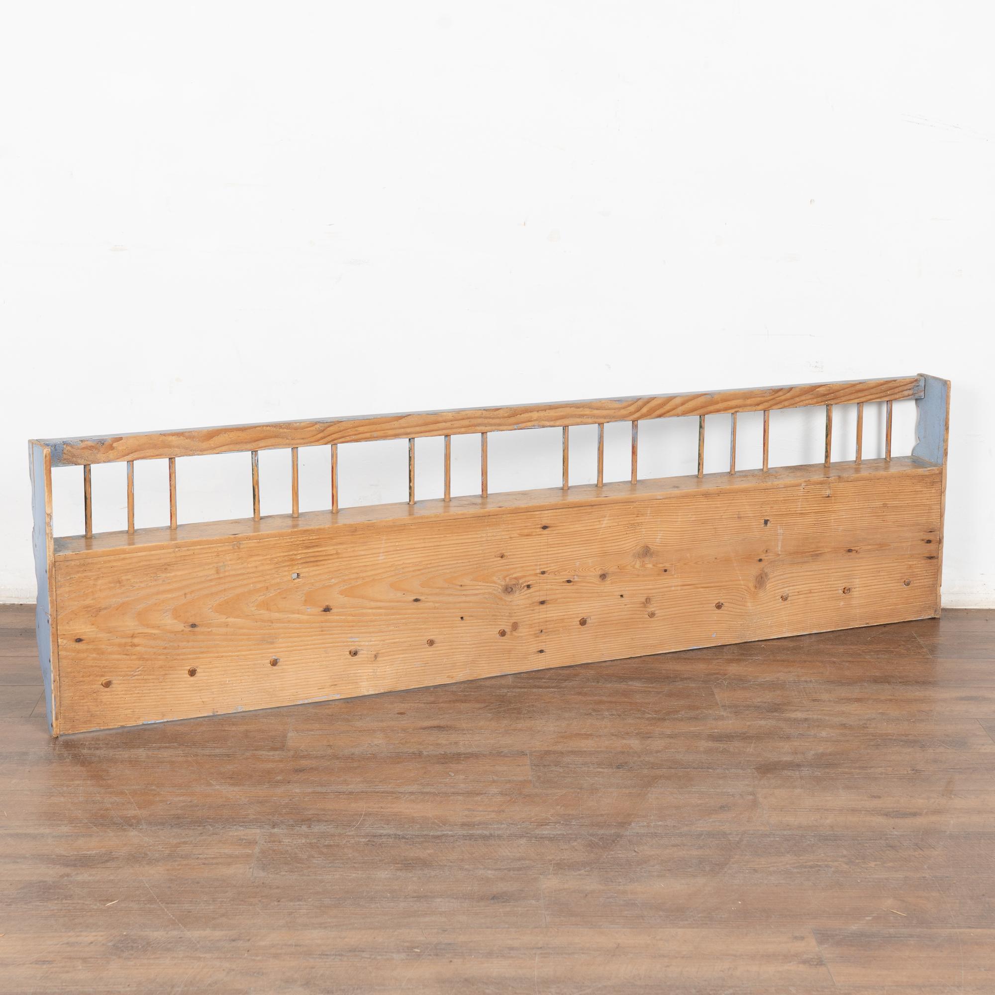 19th Century Original Blue Painted Pine Hanging Shelf with Pegs and Plate Rack For Sale 4