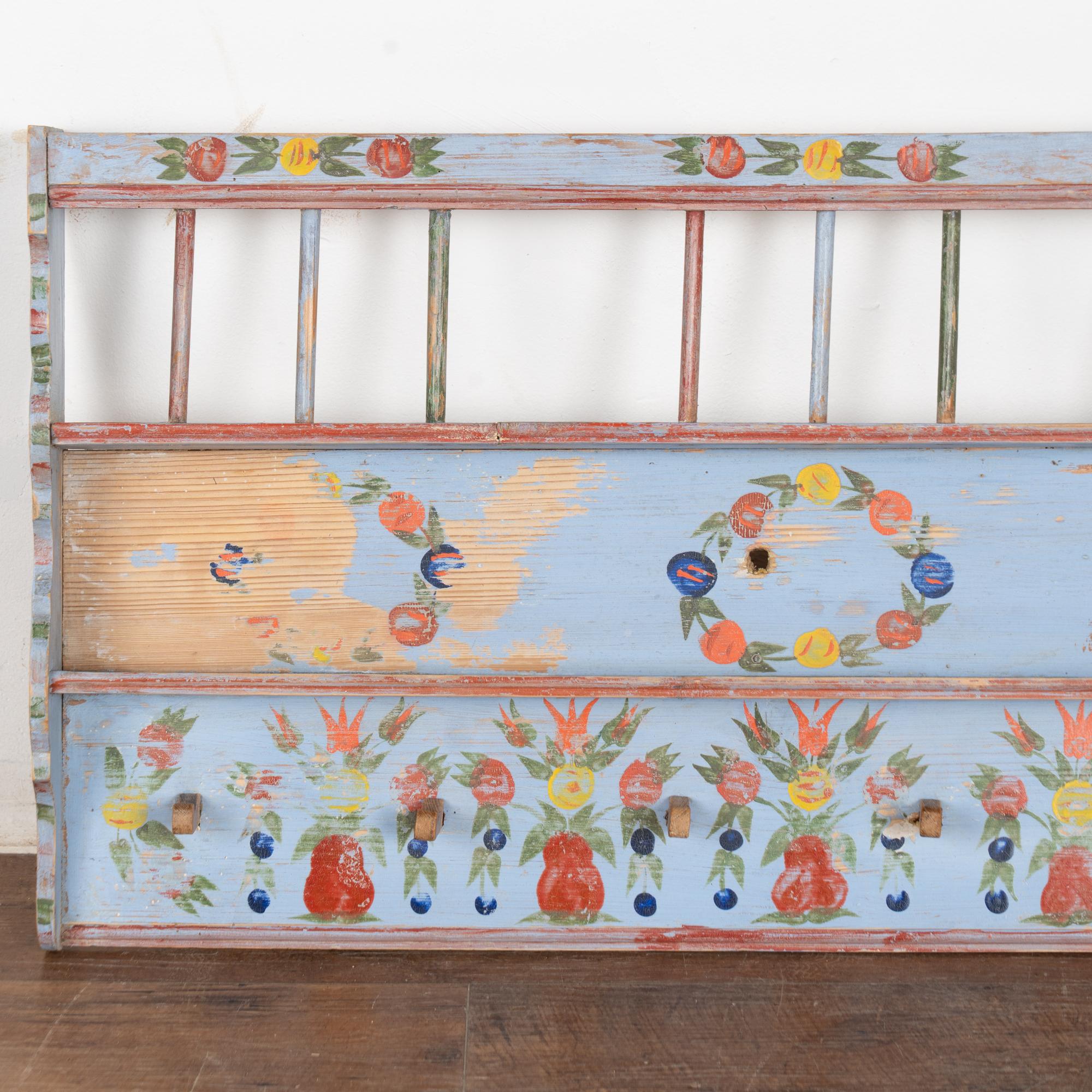 Folk Art 19th Century Original Blue Painted Pine Hanging Shelf with Pegs and Plate Rack For Sale