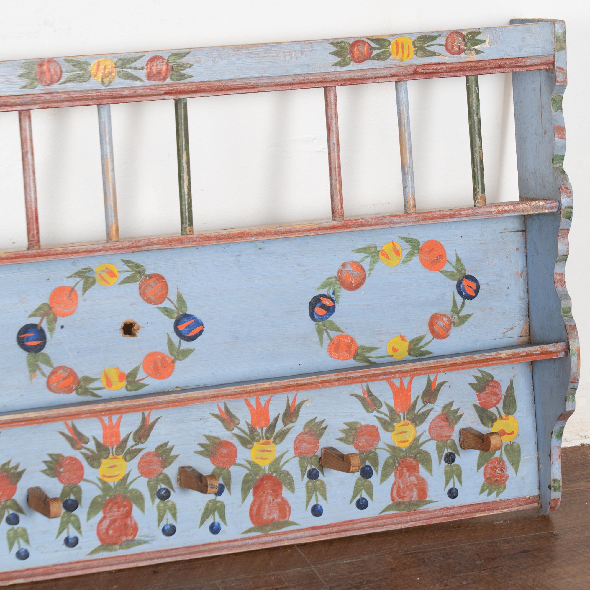 Hungarian 19th Century Original Blue Painted Pine Hanging Shelf with Pegs and Plate Rack For Sale