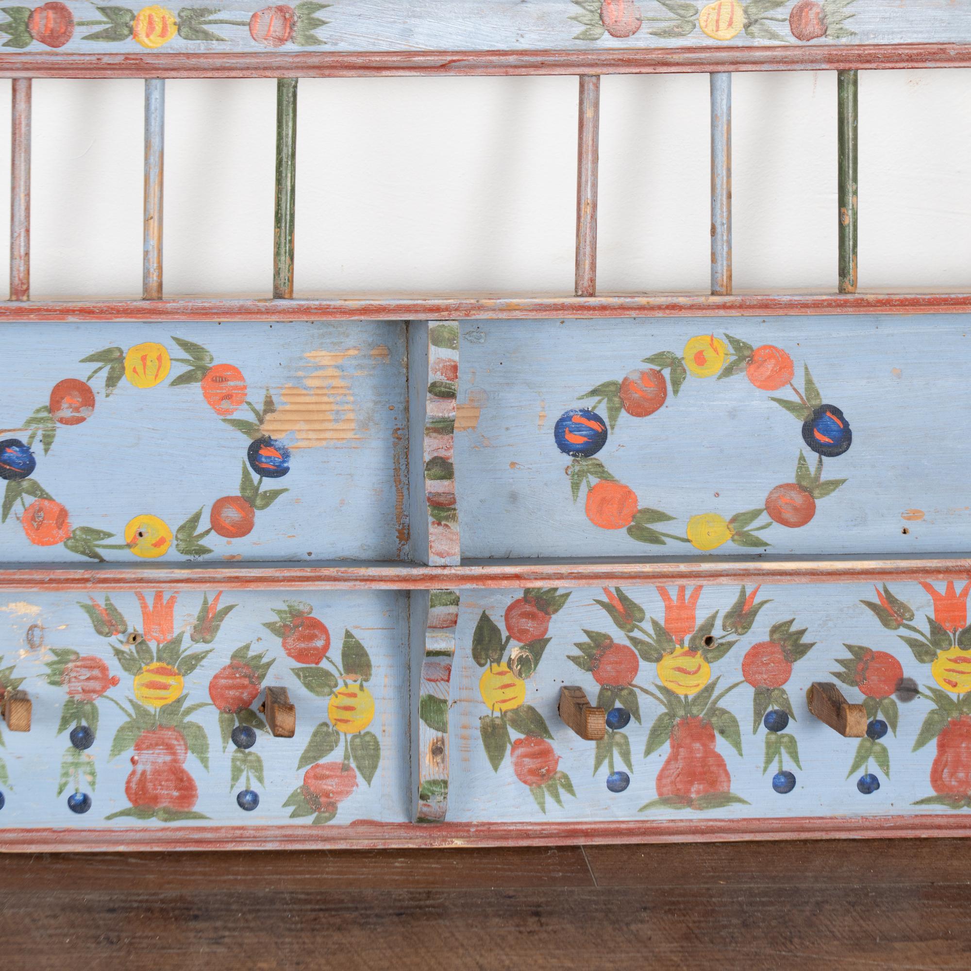 19th Century Original Blue Painted Pine Hanging Shelf with Pegs and Plate Rack In Good Condition For Sale In Round Top, TX