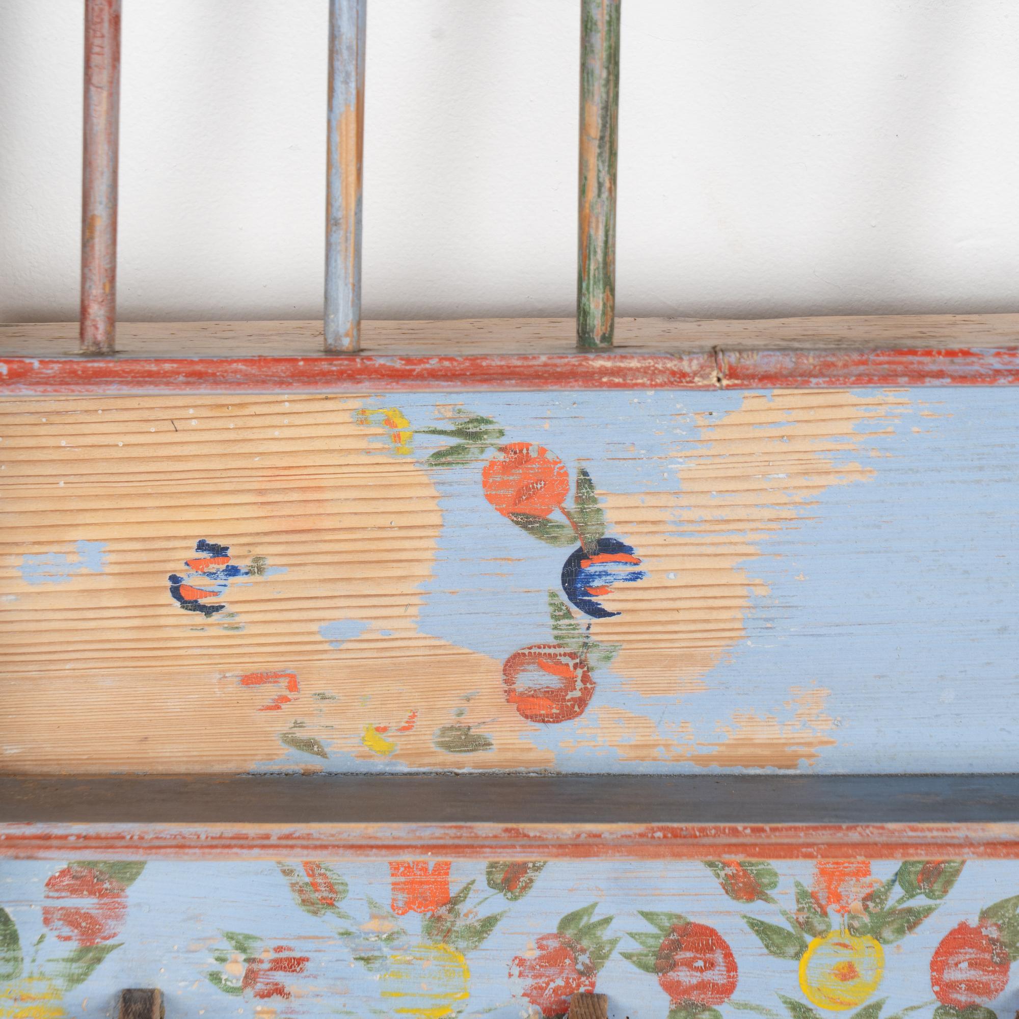 Wood 19th Century Original Blue Painted Pine Hanging Shelf with Pegs and Plate Rack For Sale