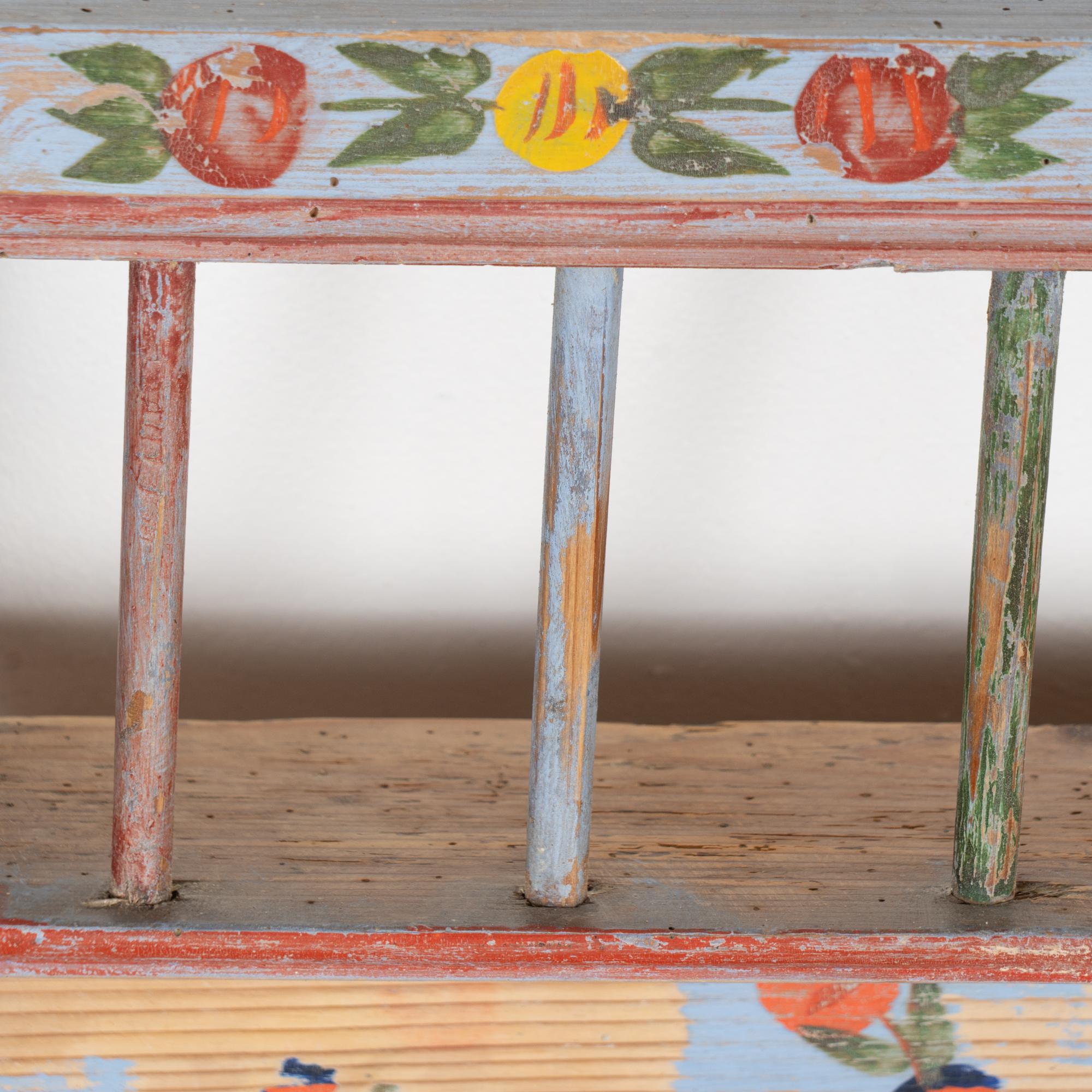 19th Century Original Blue Painted Pine Hanging Shelf with Pegs and Plate Rack For Sale 1