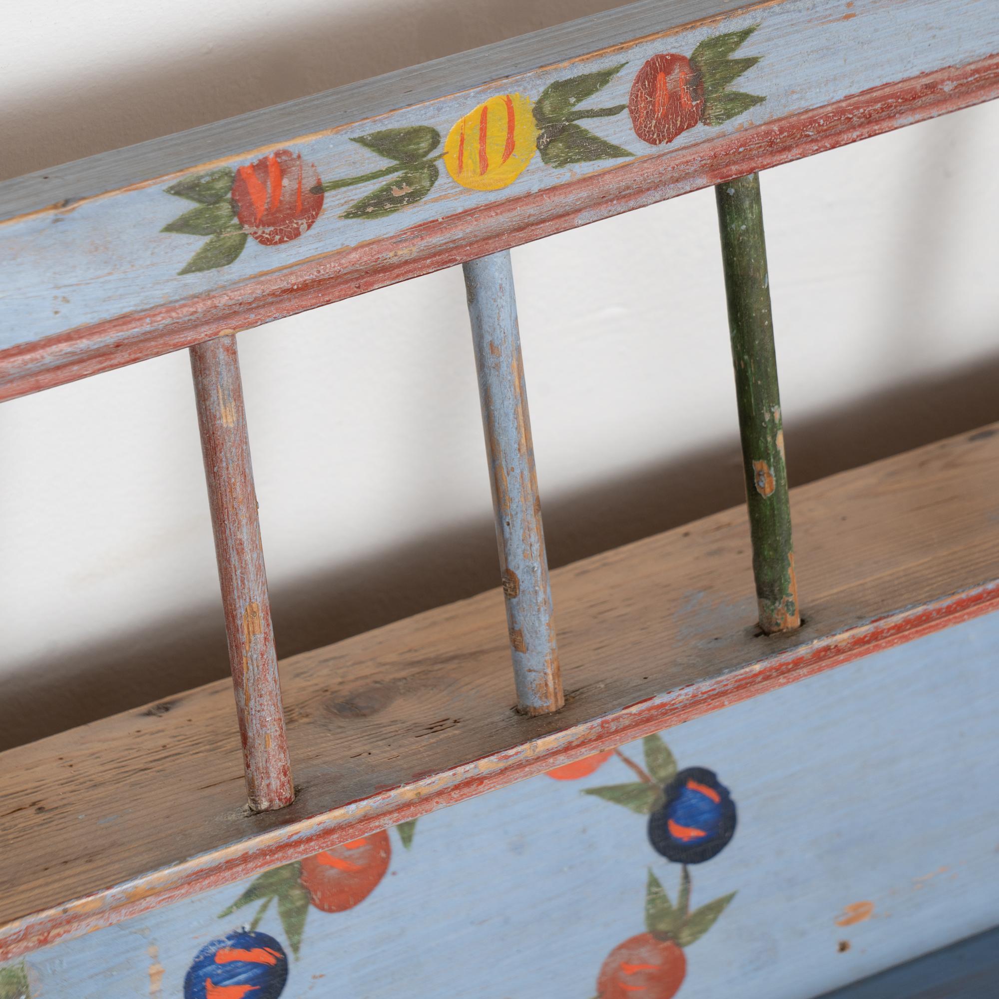 19th Century Original Blue Painted Pine Hanging Shelf with Pegs and Plate Rack For Sale 2