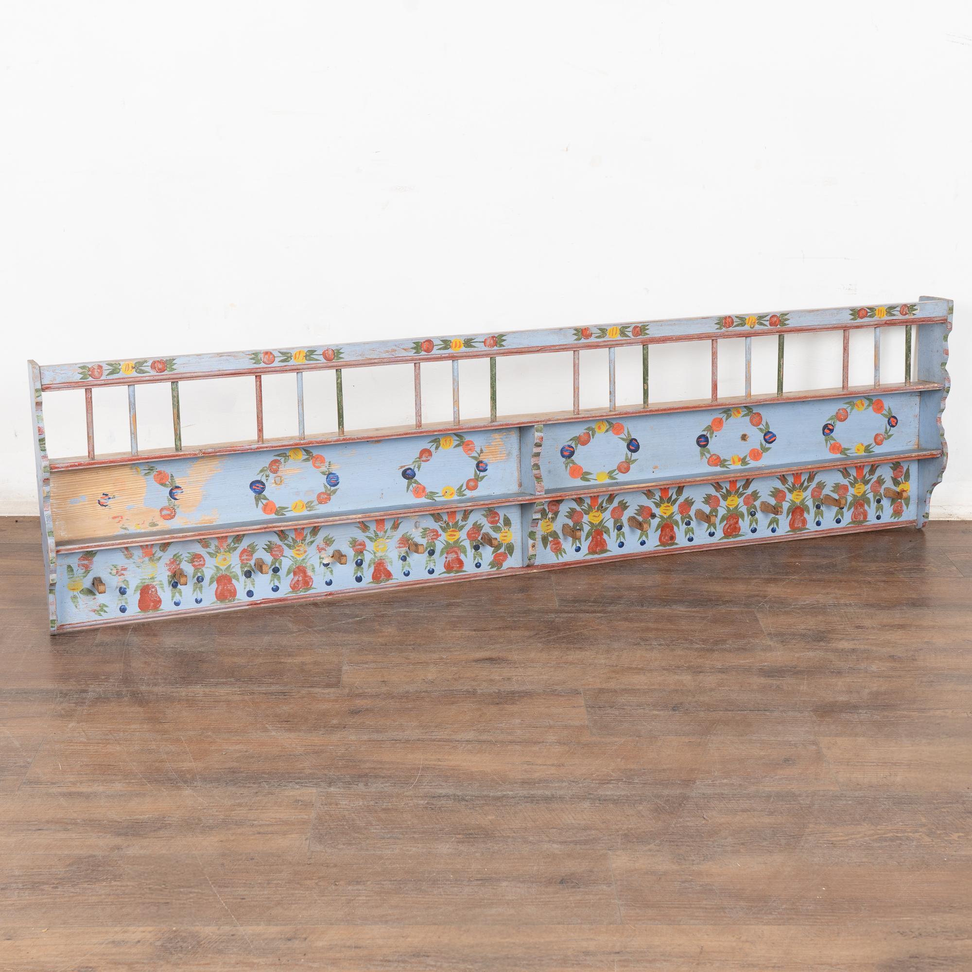 19th Century Original Blue Painted Pine Hanging Shelf with Pegs and Plate Rack For Sale 3