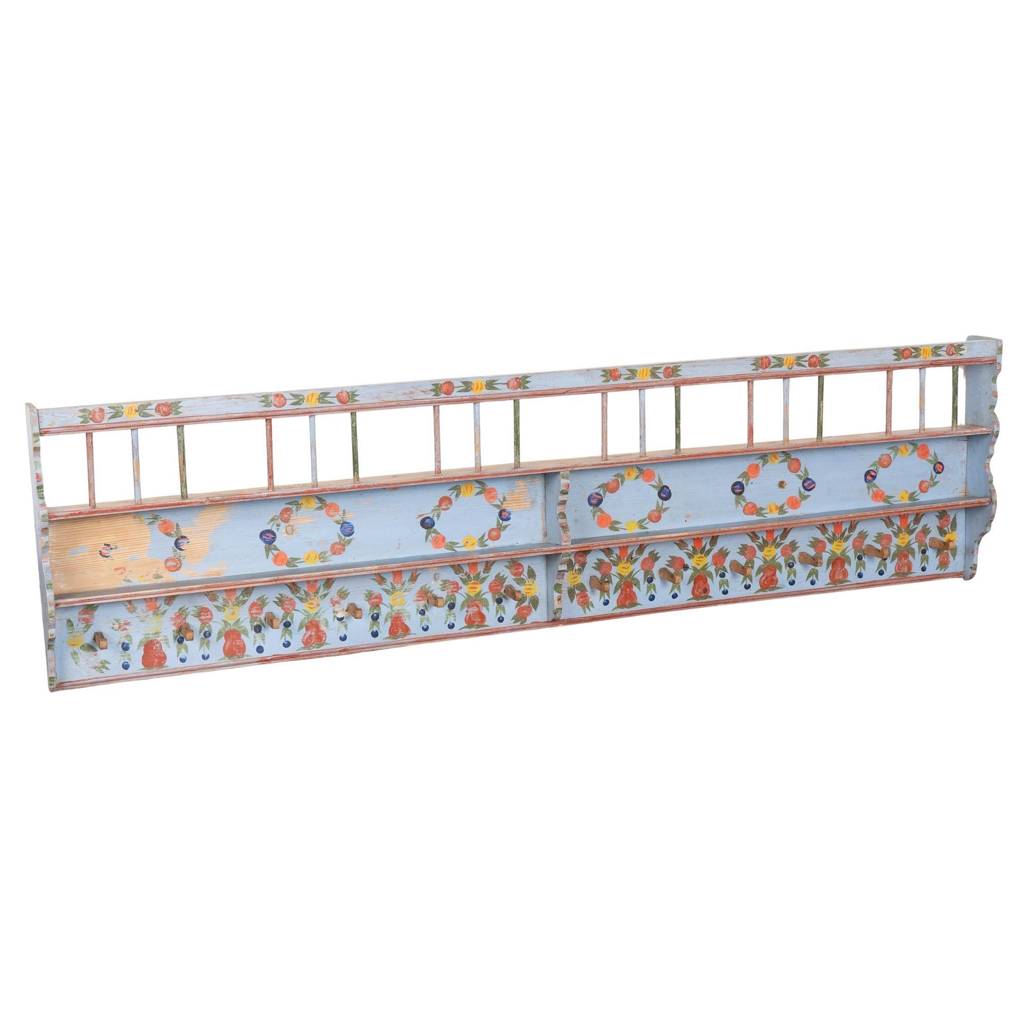 19th Century Original Blue Painted Pine Hanging Shelf with Pegs and Plate Rack For Sale