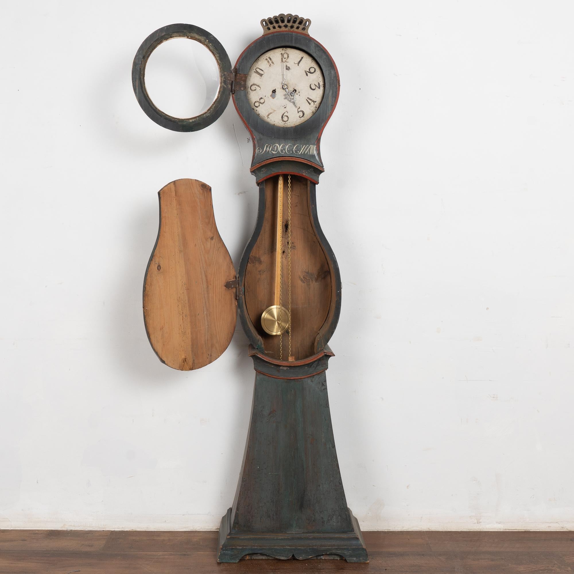 Folk Art 19th Century Original Blue Painted Swedish Mora Grandfather Clock For Sale
